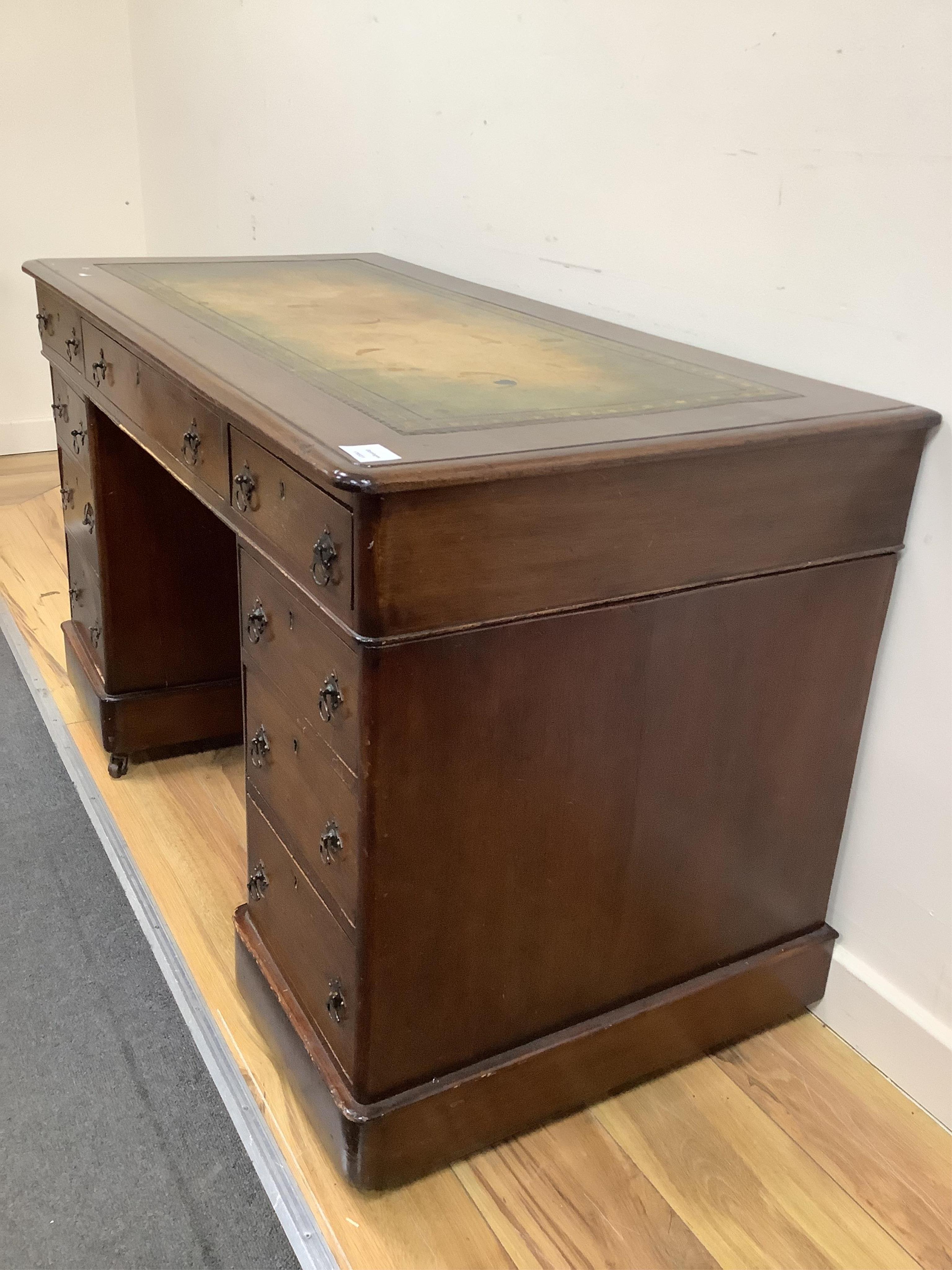A Victorian mahogany pedestal desk, width 119cm, depth 59cm, height 71cm. Condition - fair